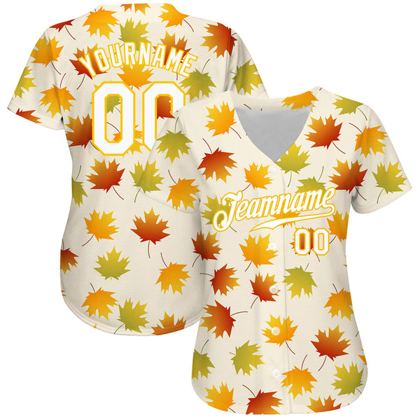 Custom Cream White-Gold 3D Pattern Design Maple Leaf Authentic Baseball Jersey alternate