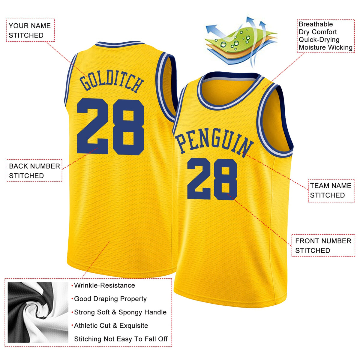 Custom Gold Royal-White Round Neck Rib-Knit Basketball Jersey - Back