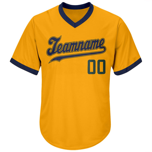 Custom Gold Hunter Green-Navy Authentic Throwback Rib-Knit Baseball Jersey Shirt alternate