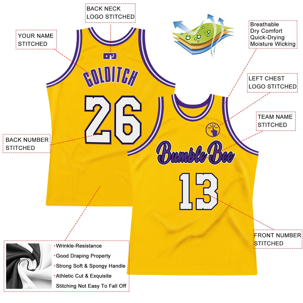 Custom Gold White-Purple Authentic Throwback Basketball Jersey - Back