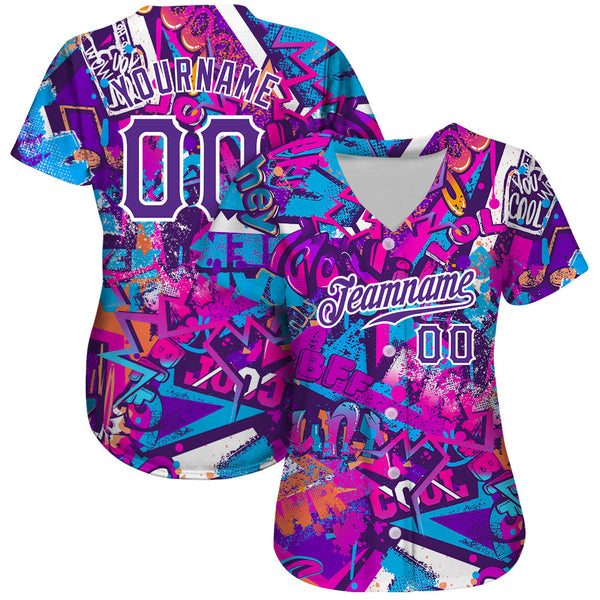 Custom Graffiti Words Pattern White-Purple 3D Authentic Baseball Jersey alternate