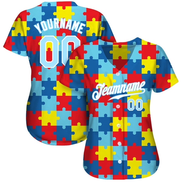 Custom Autism Supporter Awareness Puzzle Pieces Light Blue-White 3D Authentic Baseball Jersey alternate