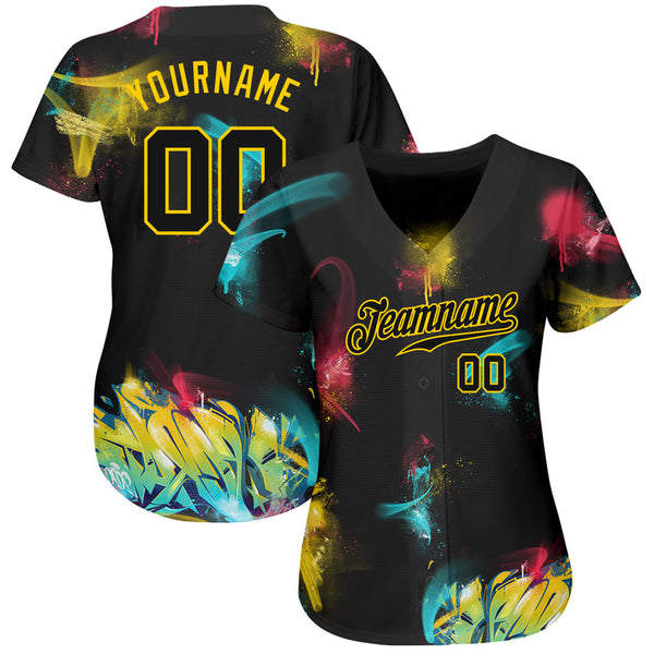 Custom Graffiti Pattern Black-Gold 3D Authentic Baseball Jersey alternate