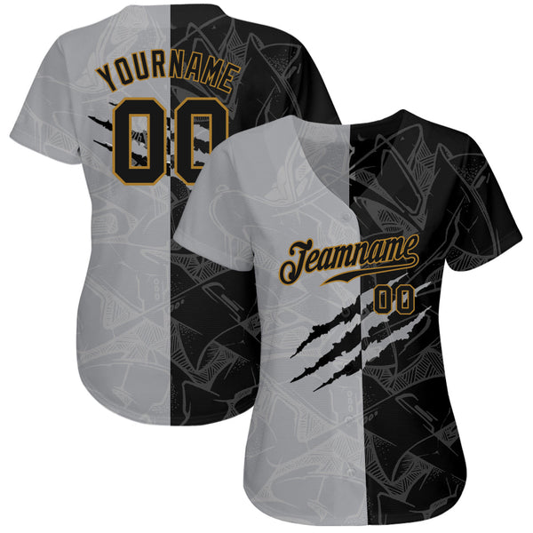 Custom Graffiti Pattern Black-Old Gold 3D Authentic Baseball Jersey alternate
