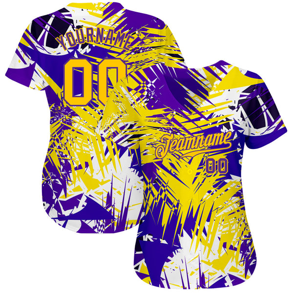 Custom Graffiti Pattern Gold-Purple 3D Authentic Baseball Jersey alternate