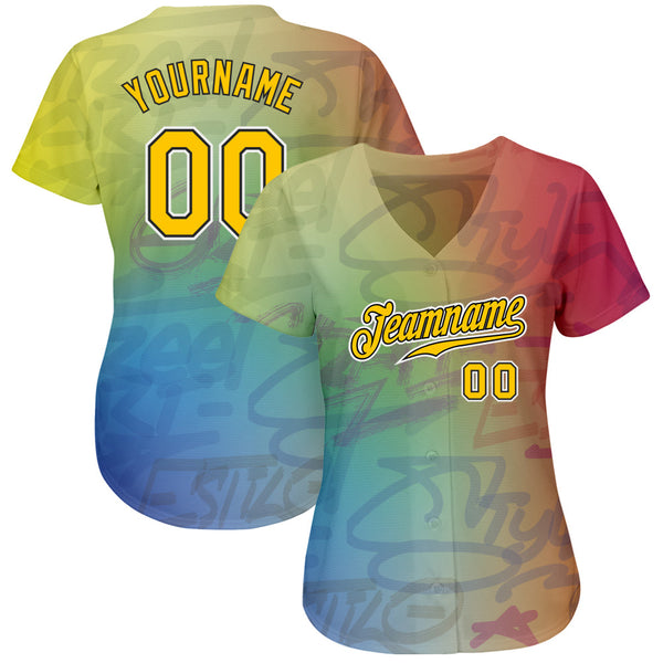 Custom Graffiti Pattern Gold-Black 3D Authentic Baseball Jersey alternate