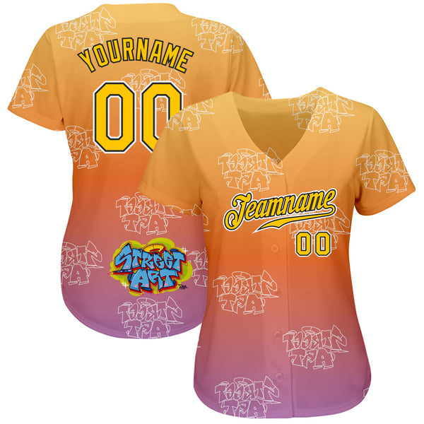 Custom Graffiti Pattern Gold-Black 3D Authentic Baseball Jersey alternate
