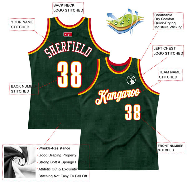 Custom Hunter Green White-Red Authentic Throwback Basketball Jersey alternate