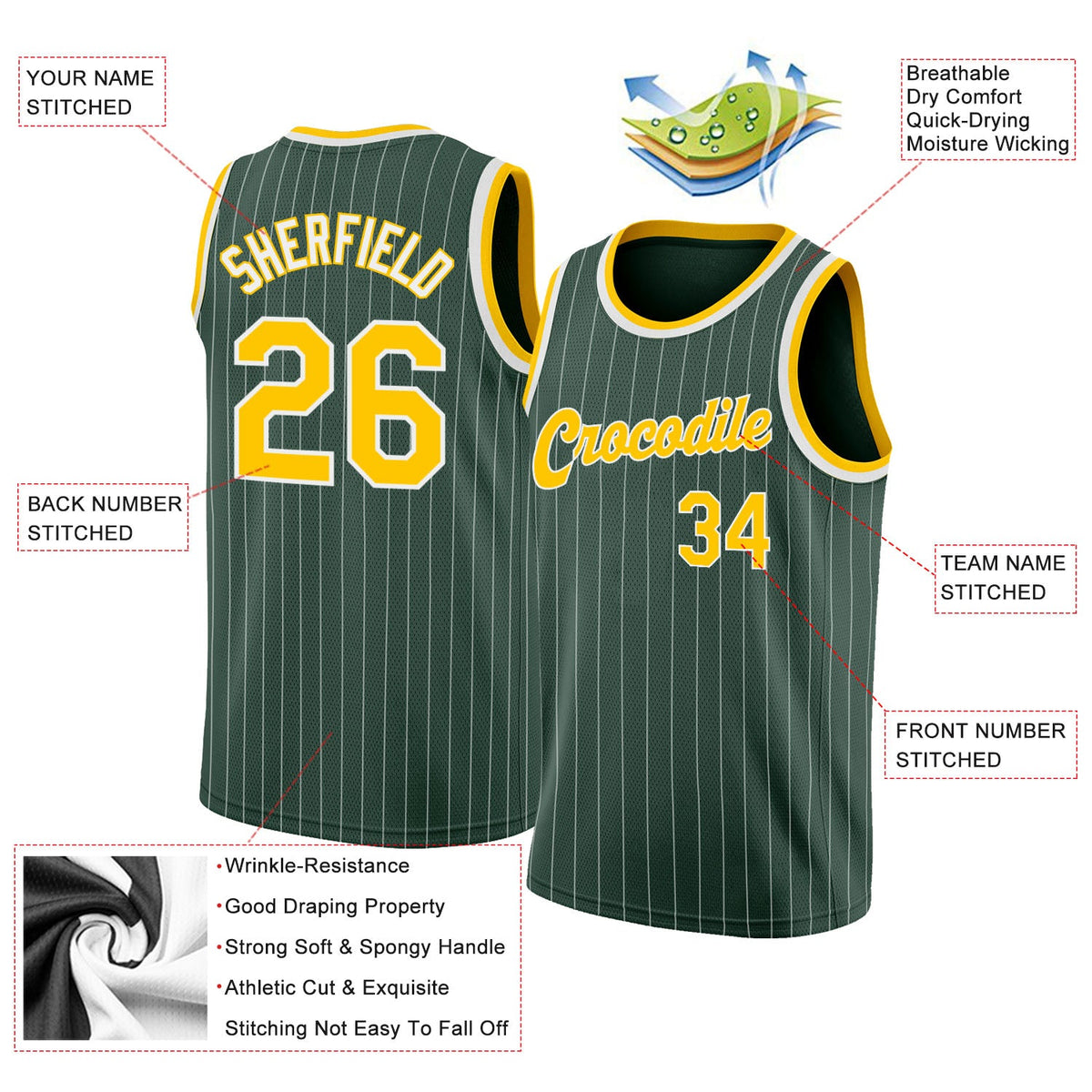 Custom Hunter Green White Pinstripe Gold-White Authentic Basketball Jersey - Back