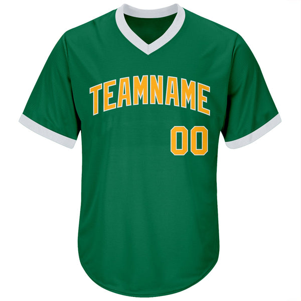 Custom Kelly Green Gold-White Authentic Throwback Rib-Knit Baseball Jersey Shirt alternate