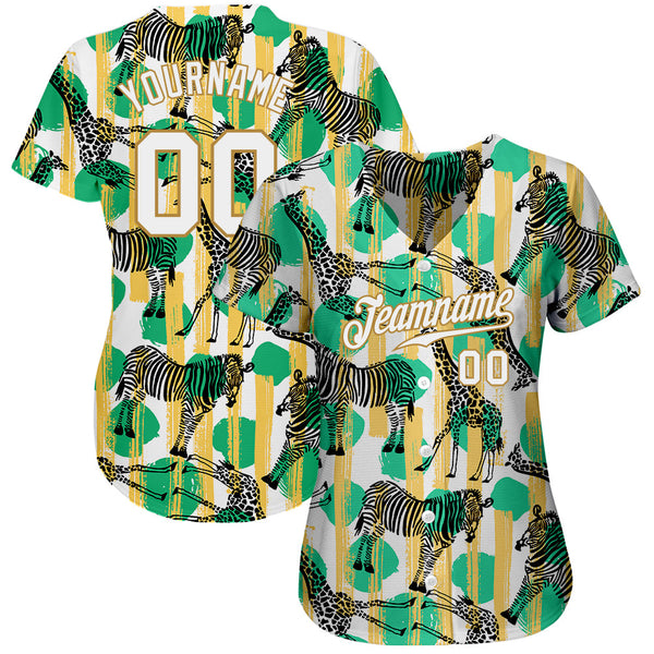 Custom Kelly Green White-Old Gold 3D Pattern Design Zebras And Giraffes Authentic Baseball Jersey alternate