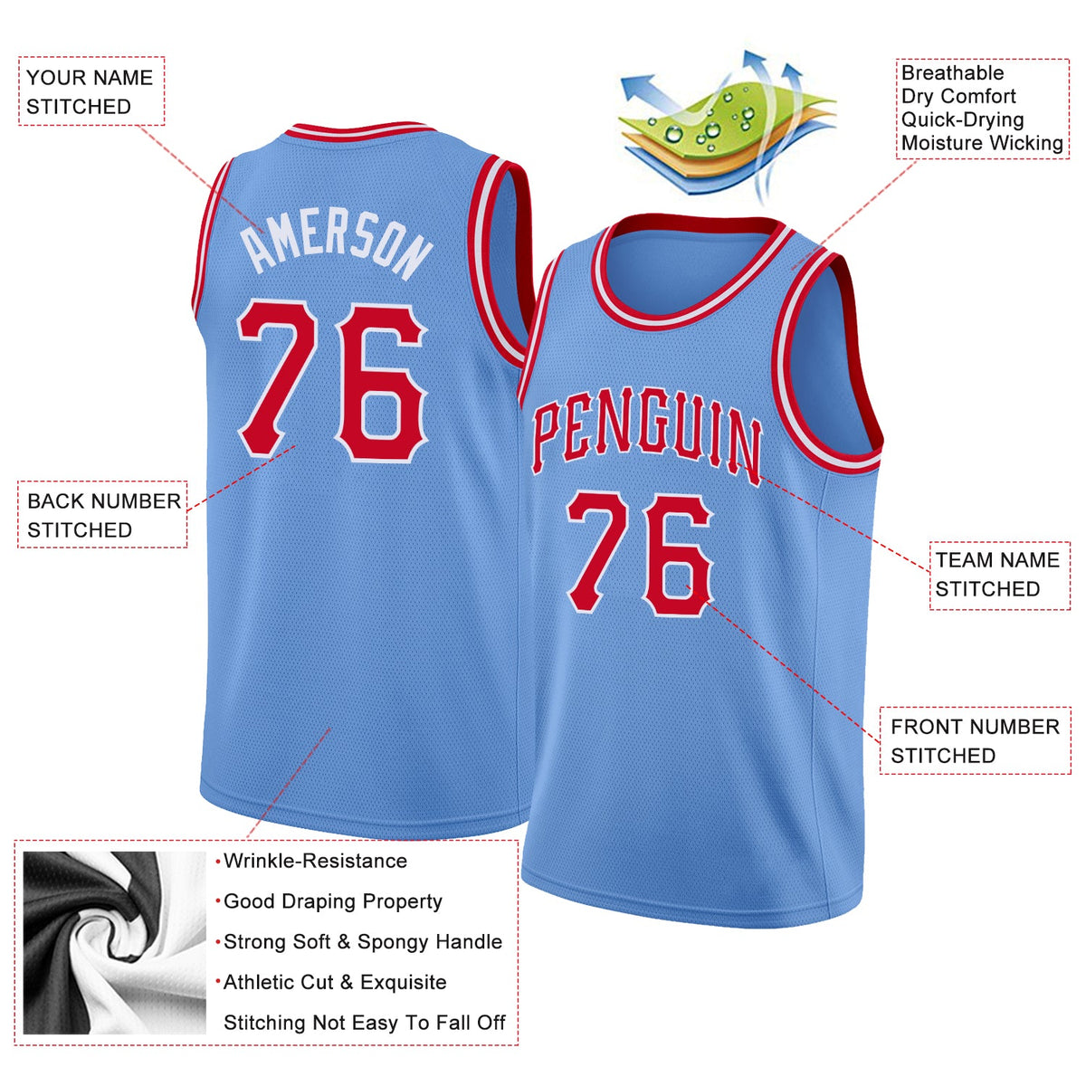 Custom Light Blue Red-White Round Neck Rib-Knit Basketball Jersey - Back