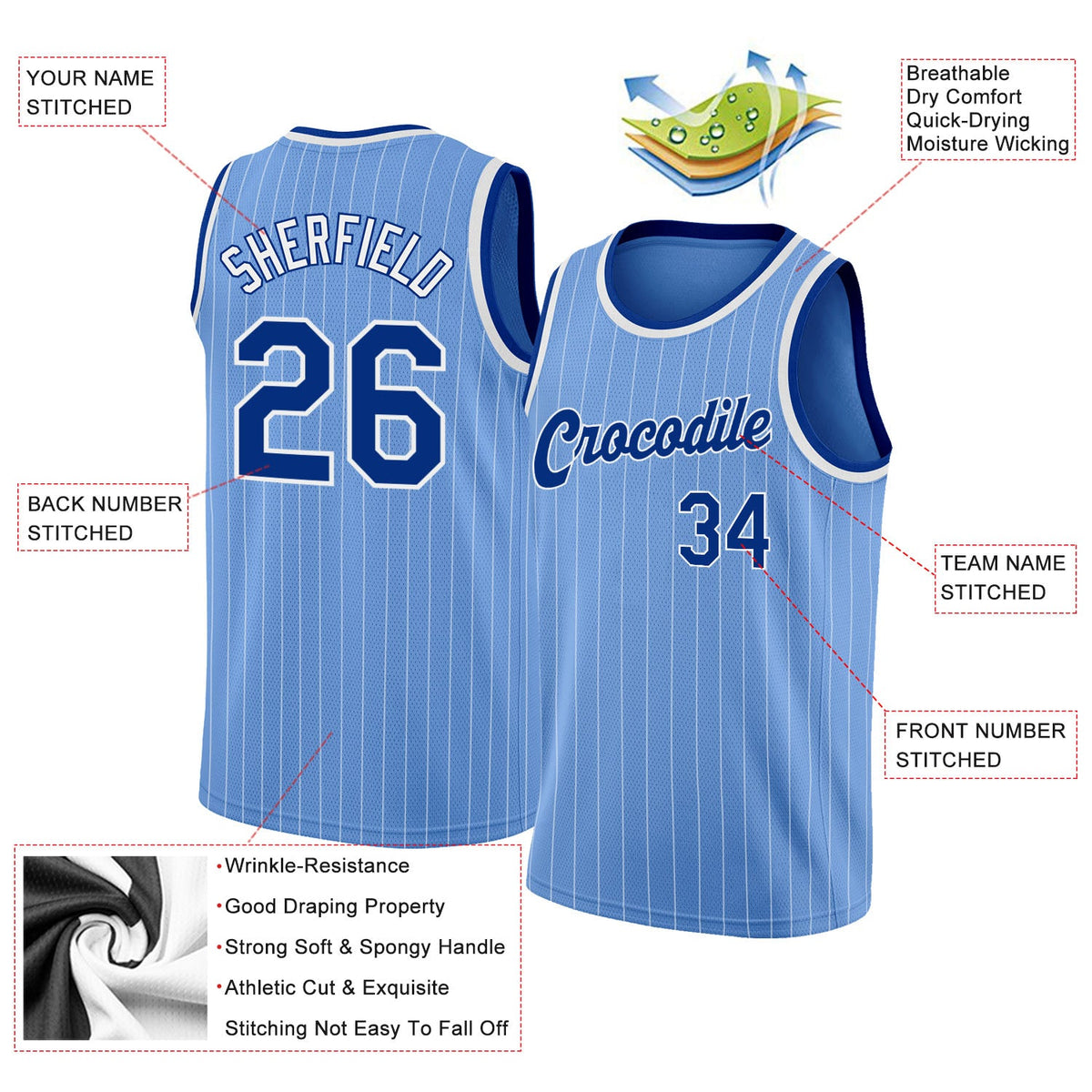 Custom Light Blue White Pinstripe Royal-White Authentic Basketball Jersey - Back