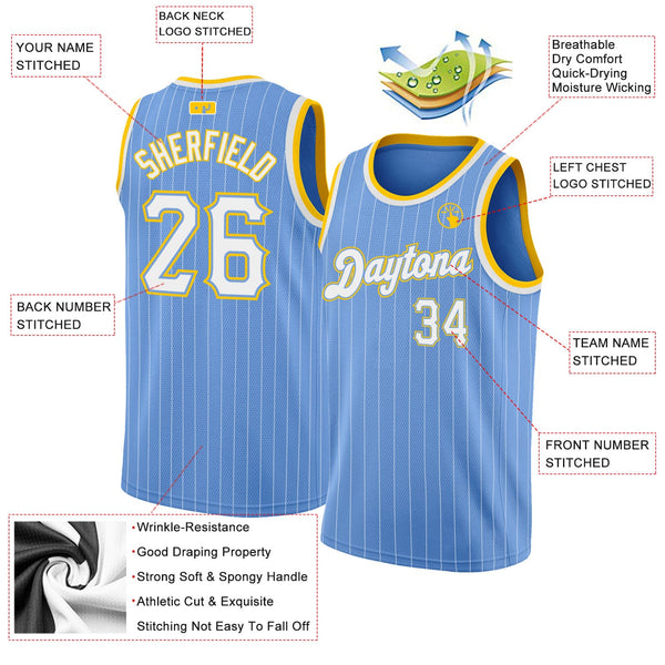 Custom Light Blue White Pinstripe White-Gold Authentic Basketball Jersey alternate