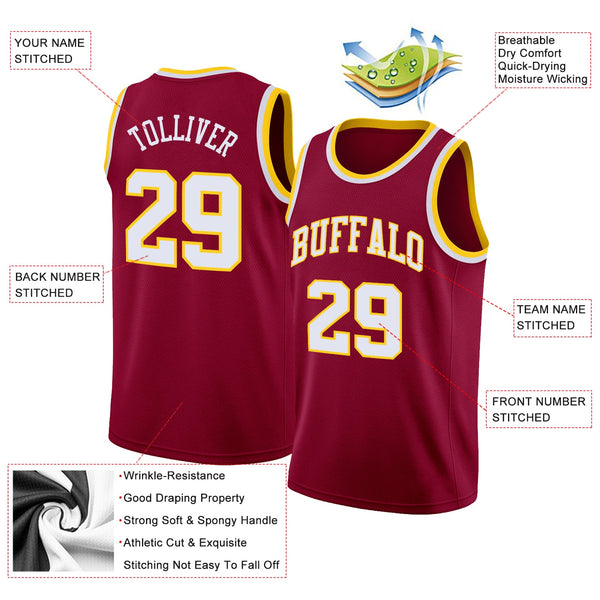 Custom Maroon White-Gold Round Neck Rib-Knit Basketball Jersey alternate