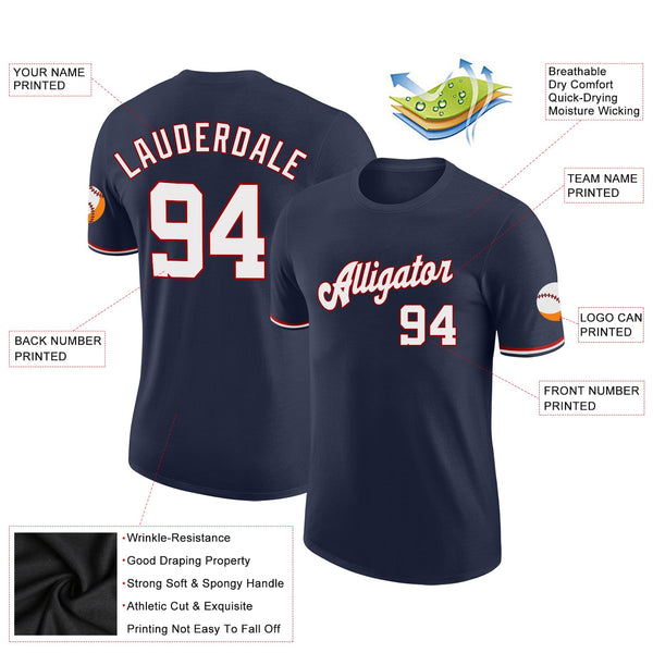 Custom Navy White-Red Performance T-Shirt alternate