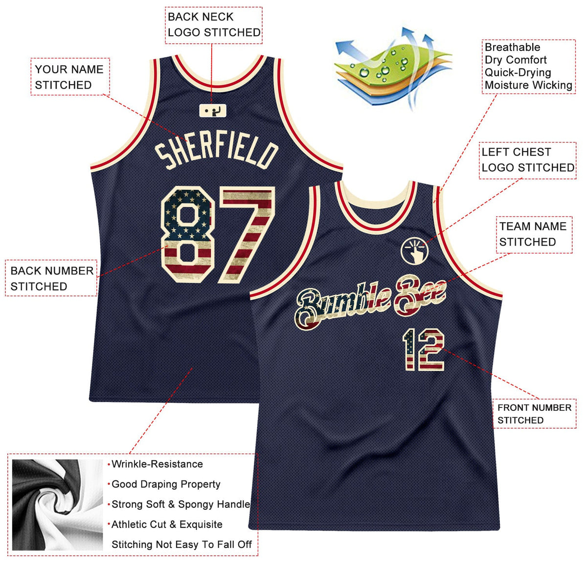 Custom Navy Vintage USA Flag-Cream Authentic Throwback Basketball Jersey - Back
