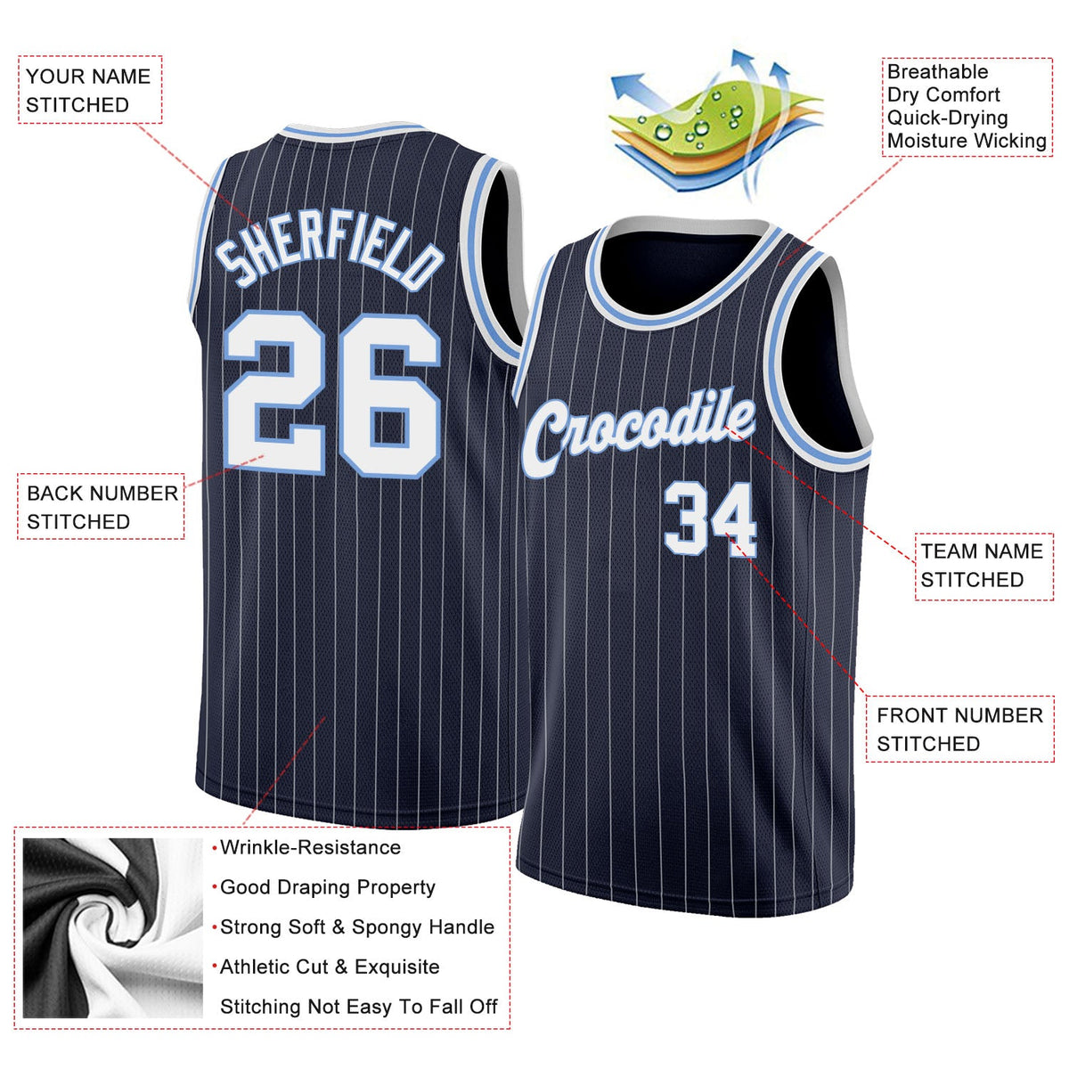 Custom Navy White Pinstripe White-Light Blue Authentic Basketball Jersey - Back
