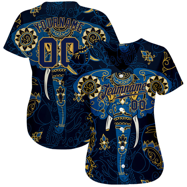 Custom Navy Navy-Old Gold 3D Pattern Design Elephant Authentic Baseball Jersey alternate