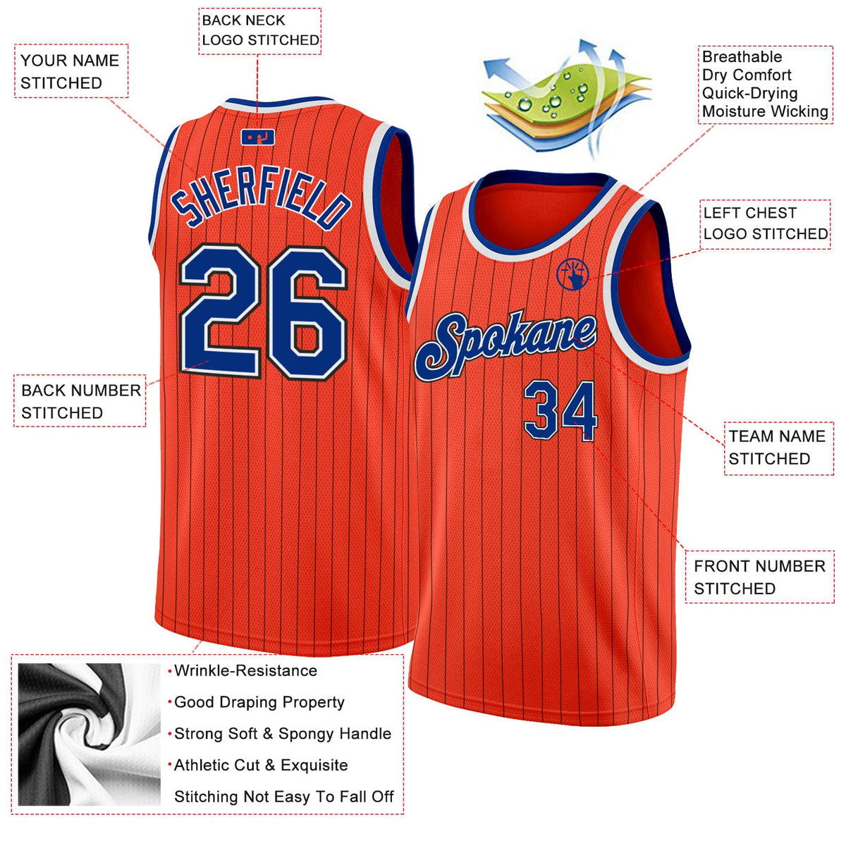 Custom Orange Black Pinstripe Royal-White Authentic Basketball Jersey - Back
