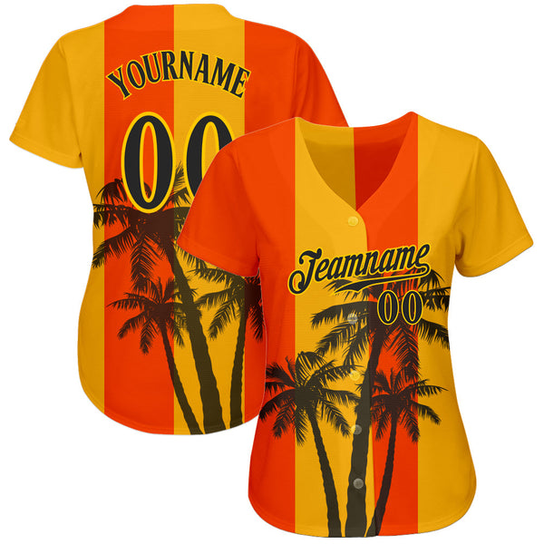 Custom Orange Black-Gold 3D Pattern Design Hawaii Coconut Trees Authentic Baseball Jersey alternate