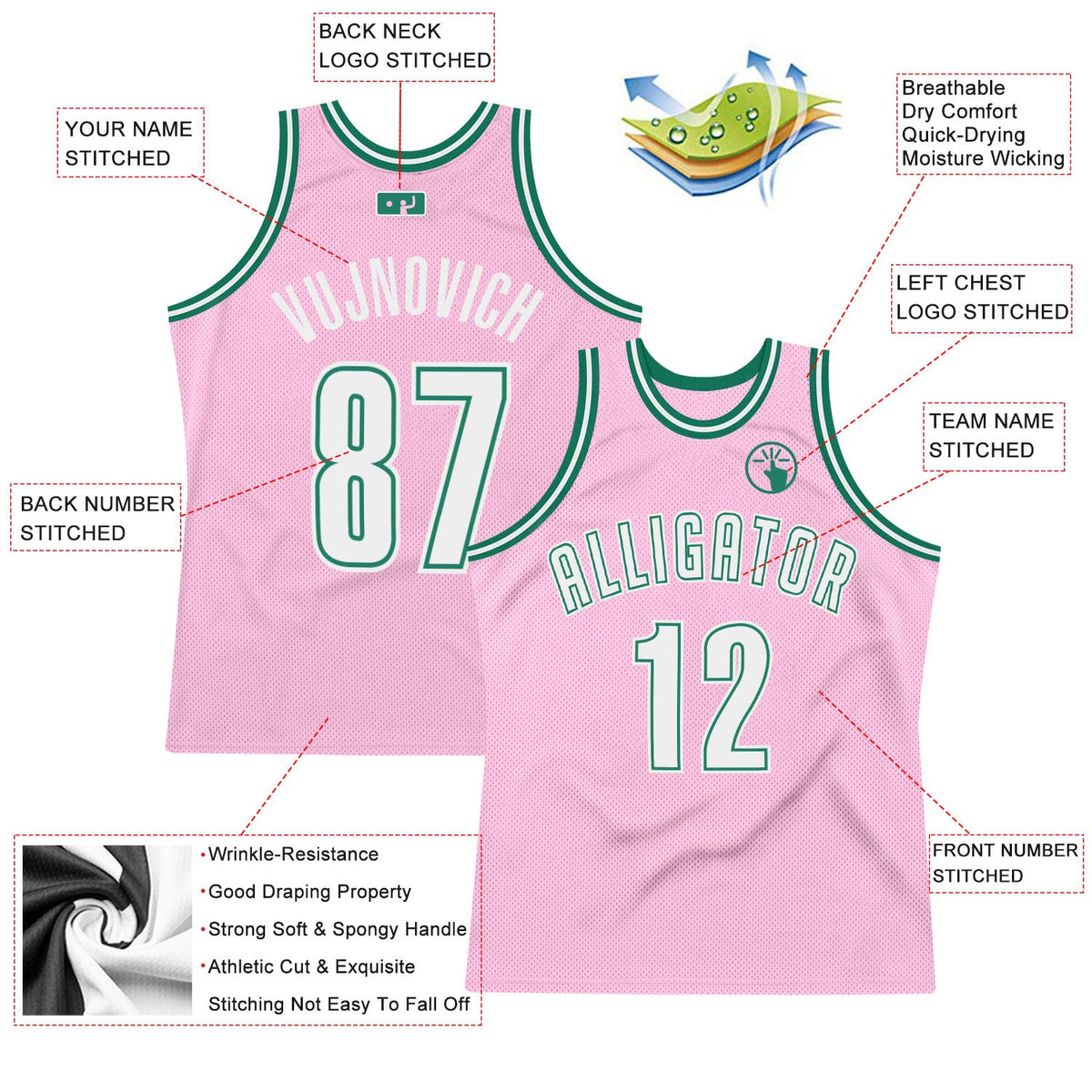 Custom Light Pink White-Kelly Green Authentic Throwback Basketball Jersey - Back