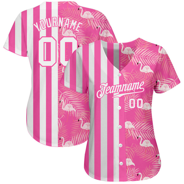 Custom Pink White 3D Pattern Design Tropical Palm Leaves And Famingo Authentic Baseball Jersey alternate
