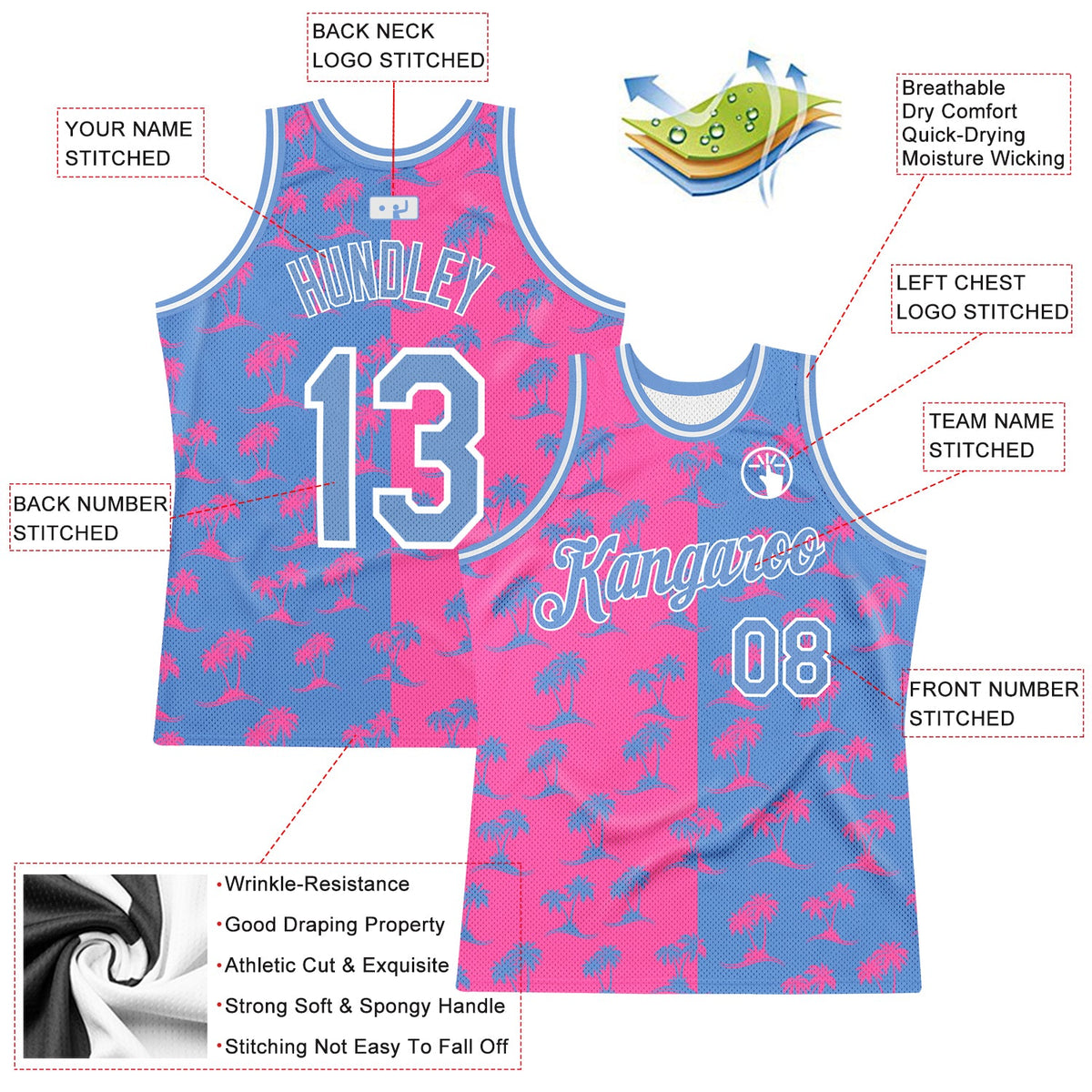 Custom Pink Light Blue-White 3D Pattern Hawaii Palm Trees Authentic Basketball Jersey - Front