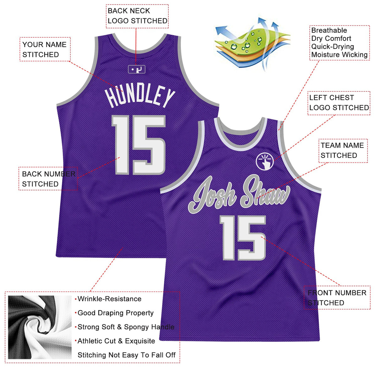 Custom Purple White-Gray Authentic Throwback Basketball Jersey - Back