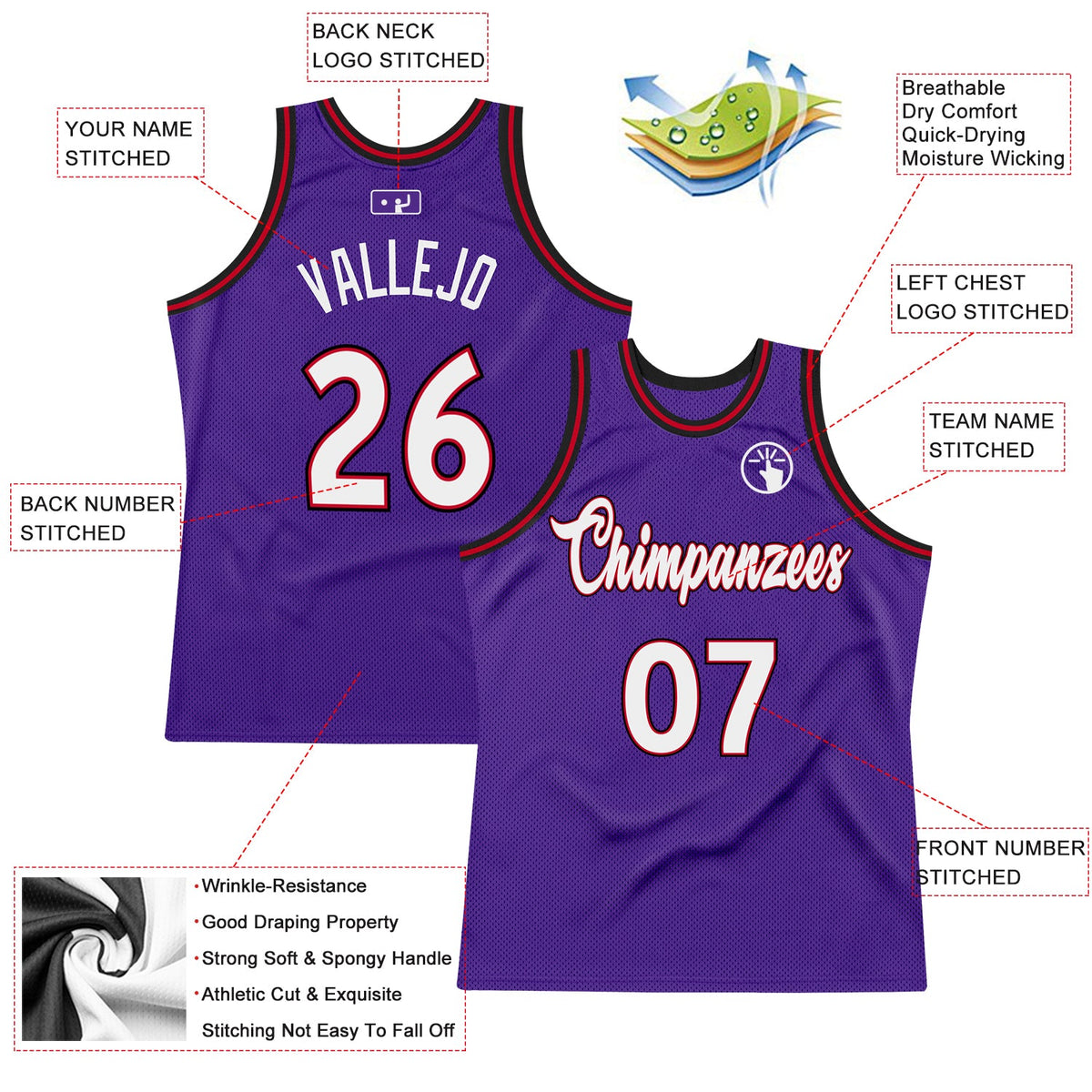 Custom Purple White-Red Authentic Throwback Basketball Jersey - Back