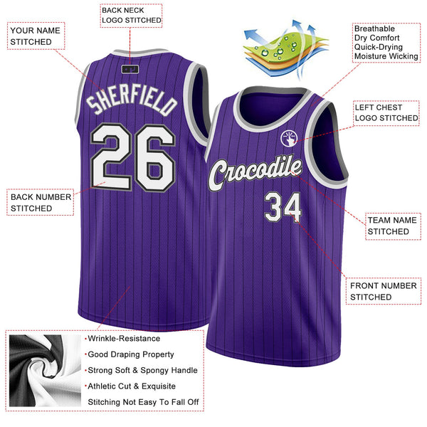 Custom Purple Black Pinstripe White-Gray Authentic Basketball Jersey alternate
