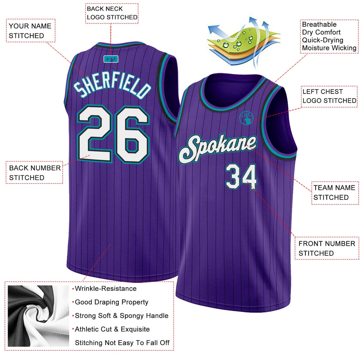 Custom Purple Black Pinstripe White-Teal Authentic Basketball Jersey - Back