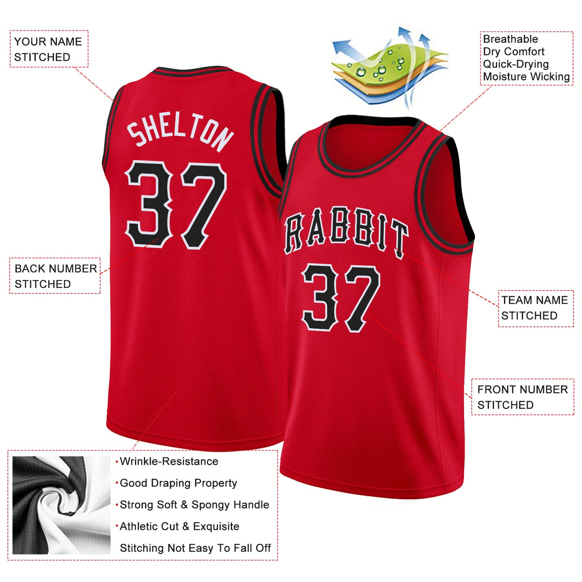 Custom Red Black-White Round Neck Rib-Knit Basketball Jersey - Back