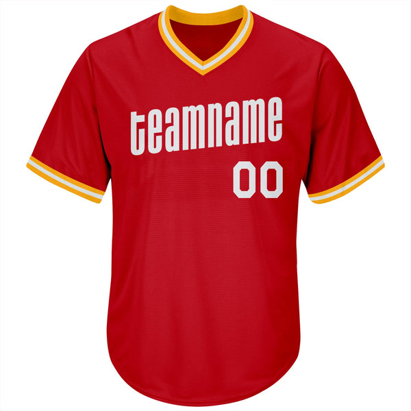Custom Red White-Gold Authentic Throwback Rib-Knit Baseball Jersey Shirt alternate