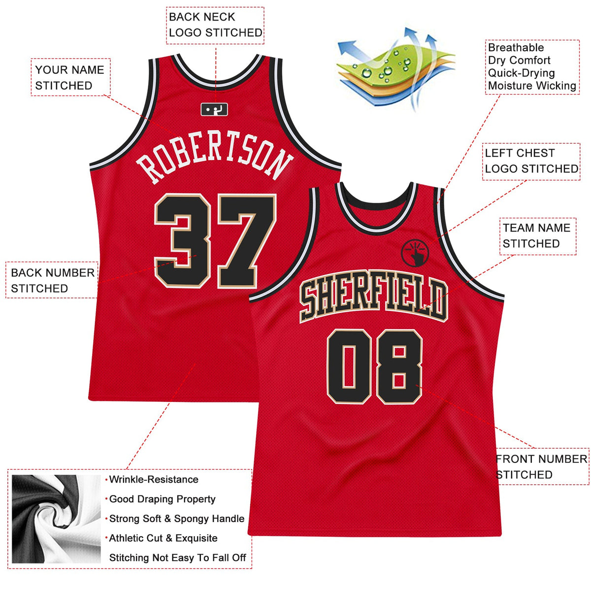 Custom Red Black-White Authentic Throwback Basketball Jersey - Back