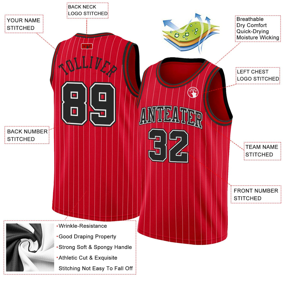Custom Red White Pinstripe Black-White Authentic Basketball Jersey - Back