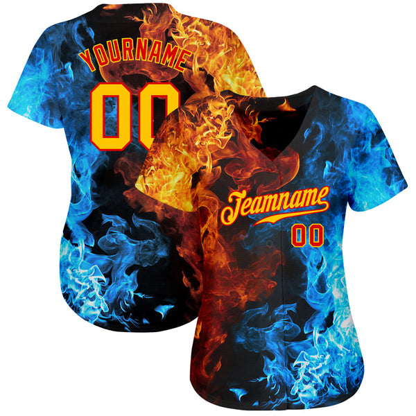 Custom Red Gold 3D Pattern Design Flame Authentic Baseball Jersey alternate