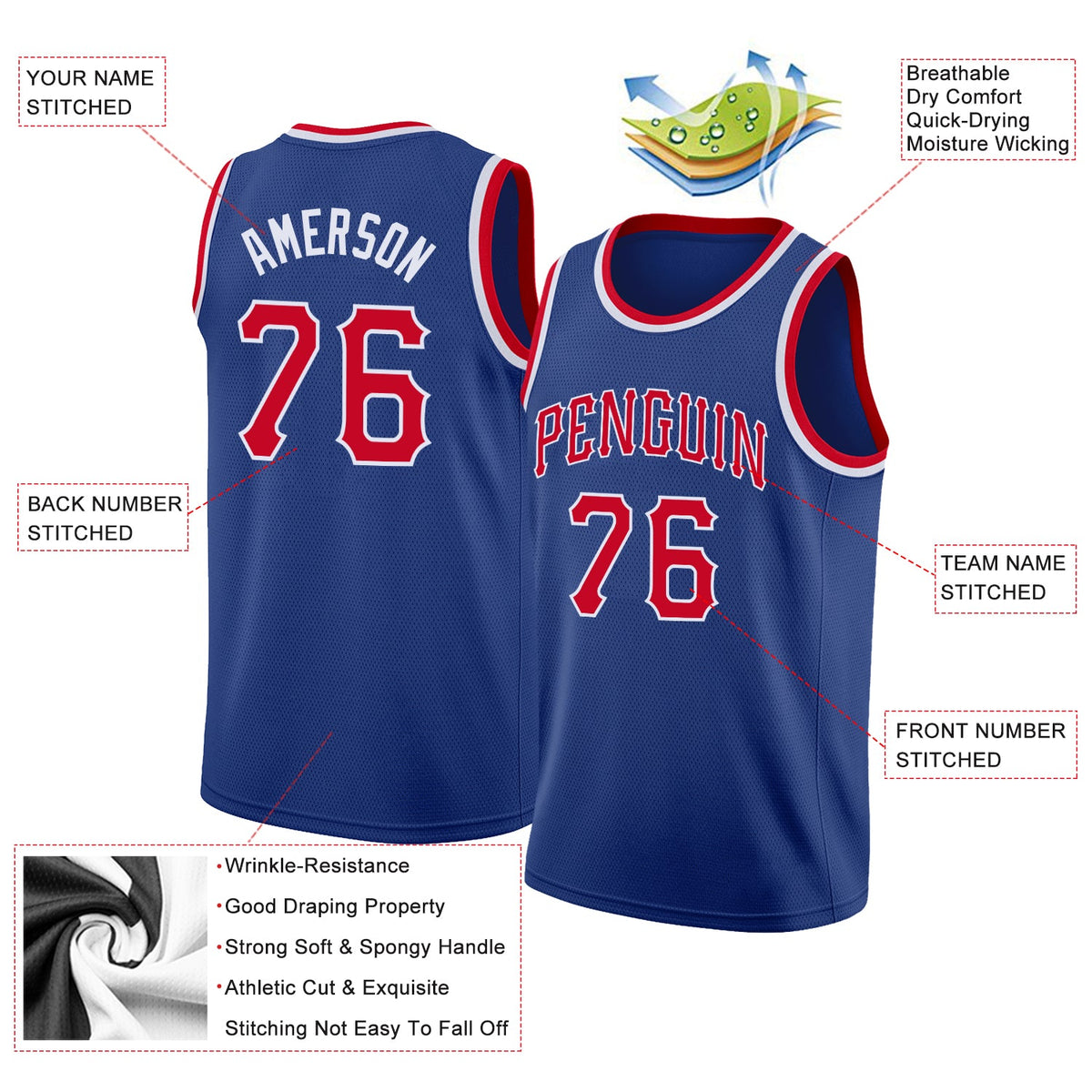 Custom Royal Red-White Round Neck Rib-Knit Basketball Jersey - Back