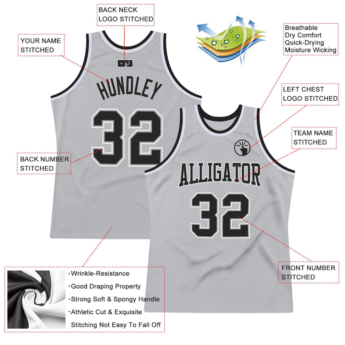 Custom Gray Black-White Authentic Throwback Basketball Jersey - Back