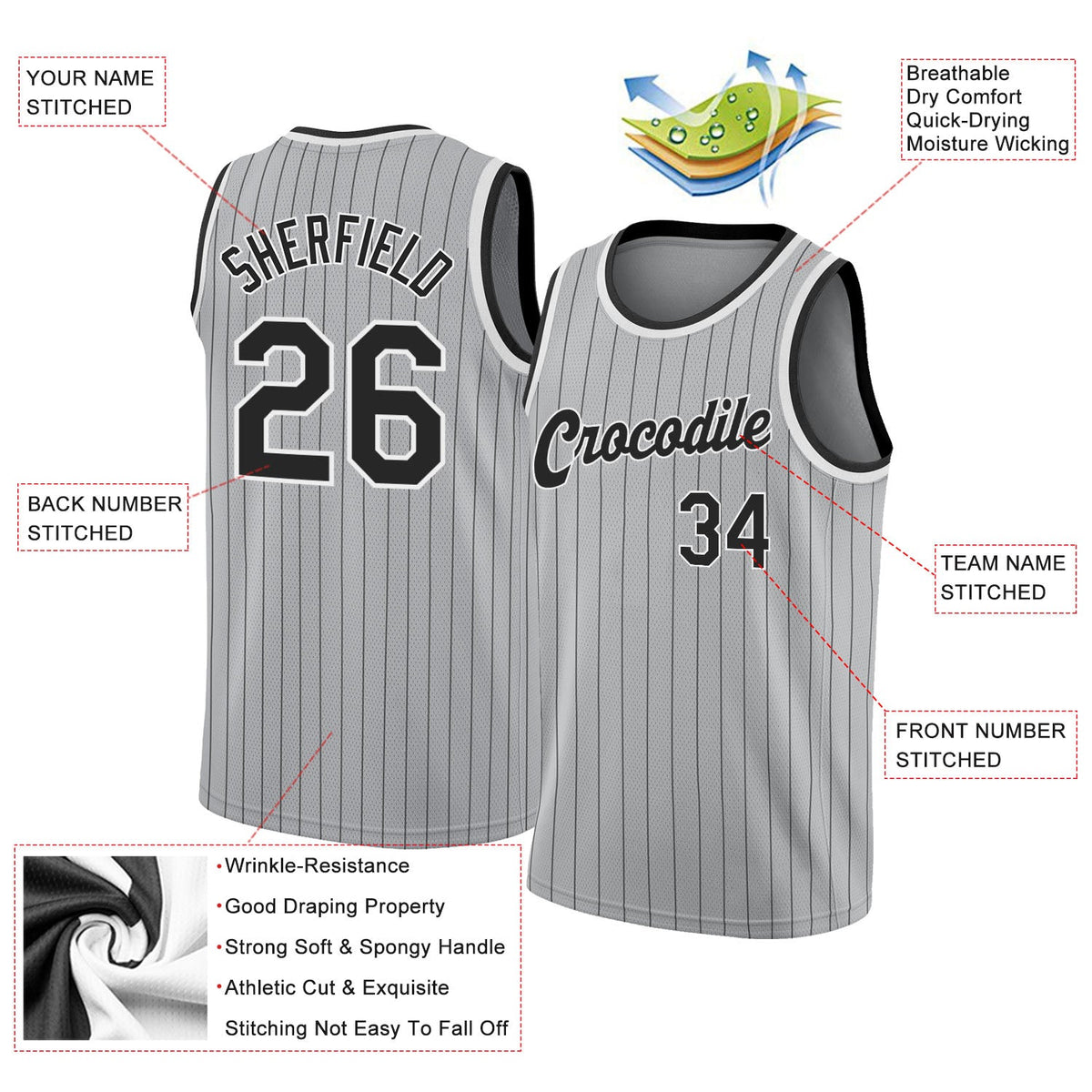 Custom Gray Black Pinstripe Black-White Authentic Basketball Jersey - Back