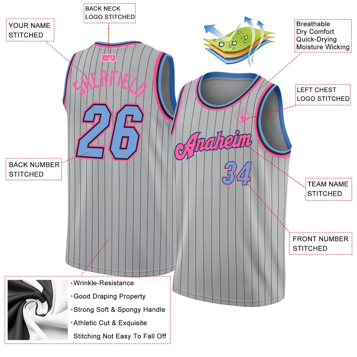 Custom Gray Black Pinstripe Light Blue-Pink Authentic Basketball Jersey - Back