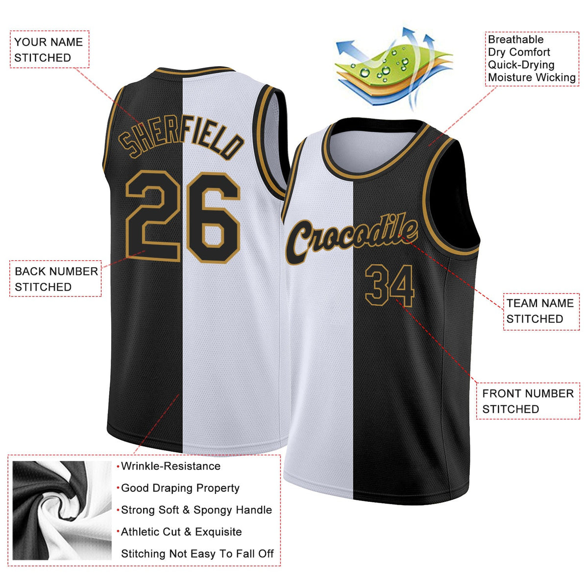 Custom White Black-Old Gold Authentic Split Fashion Basketball Jersey - Back