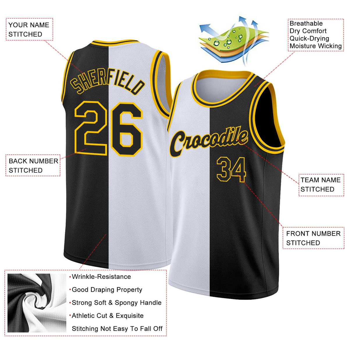Custom White Black-Gold Authentic Split Fashion Basketball Jersey - Back