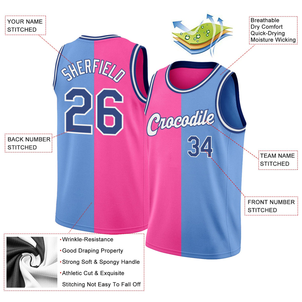 Custom Light Blue Royal-Pink Authentic Split Fashion Basketball Jersey - Front