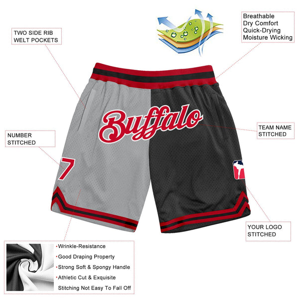 Custom Gray Red-Black Authentic Throwback Split Fashion Basketball Shorts alternate