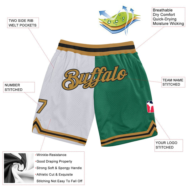 Custom White Old Gold-Kelly Green Authentic Throwback Split Fashion Basketball Shorts alternate