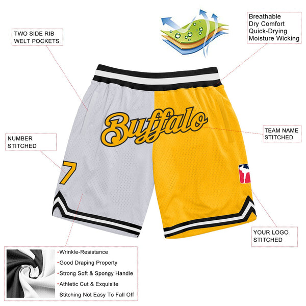Custom White Gold-Black Authentic Throwback Split Fashion Basketball Shorts alternate