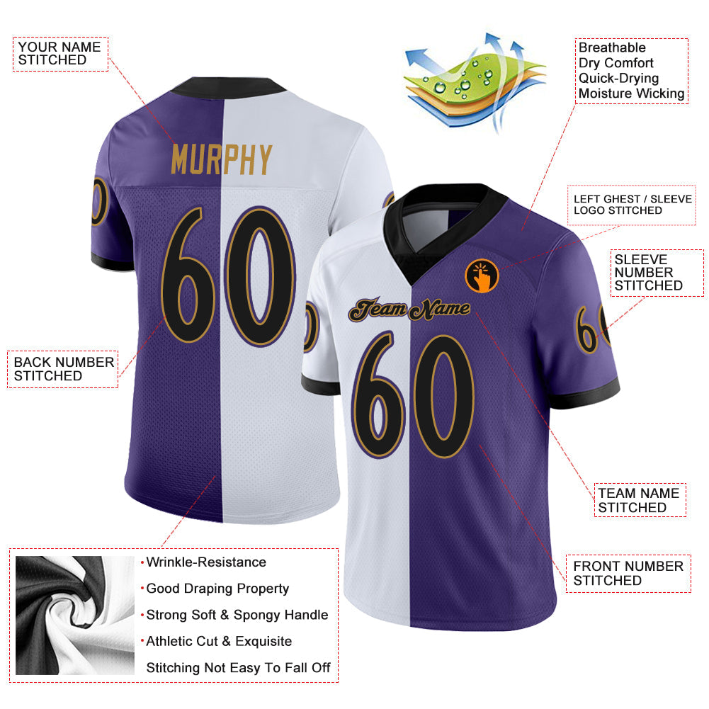 Custom Purple Black-White Split Fashion Football Jersey - Front