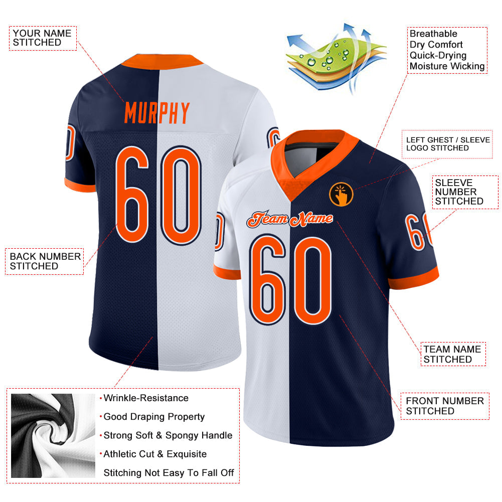 Custom Navy Orange-White Split Fashion Football Jersey - Front