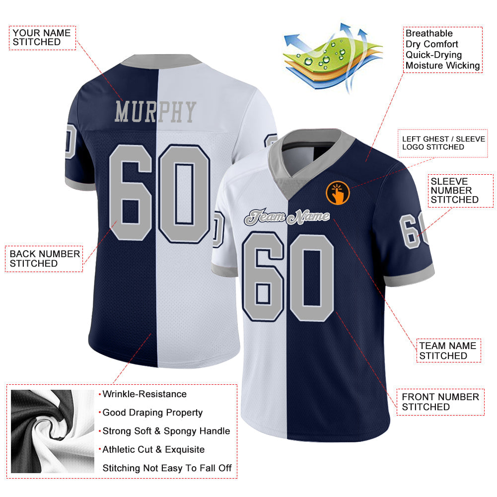 Custom Navy Gray-White Split Fashion Football Jersey - Front